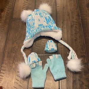 Justice girl Pom beanie hat glove sequin monogram